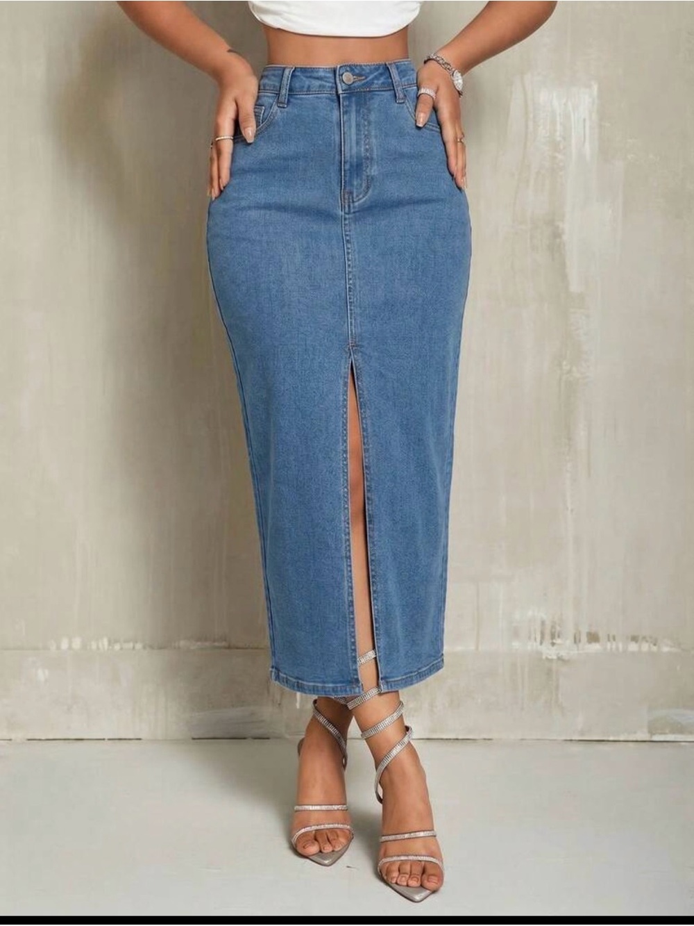SHEIN Light Blue Denim Jeans with Tan Stitching